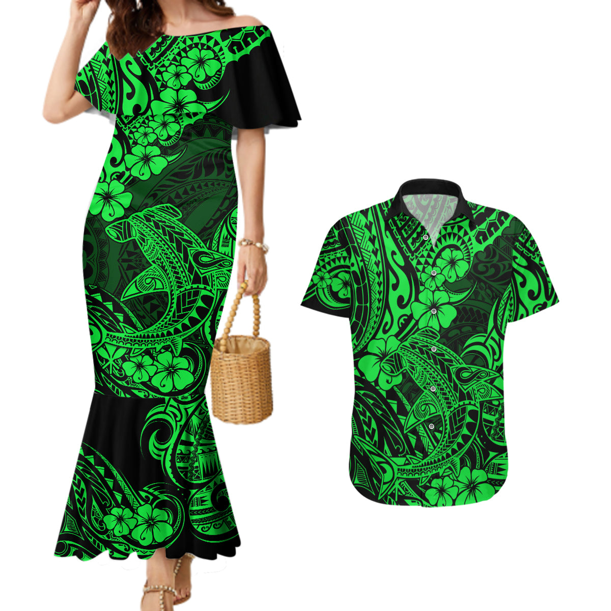 Hawaii Shark Couples Matching Mermaid Dress and Hawaiian Shirt Polynesian Pattern Green Version - Wonder Print Shop