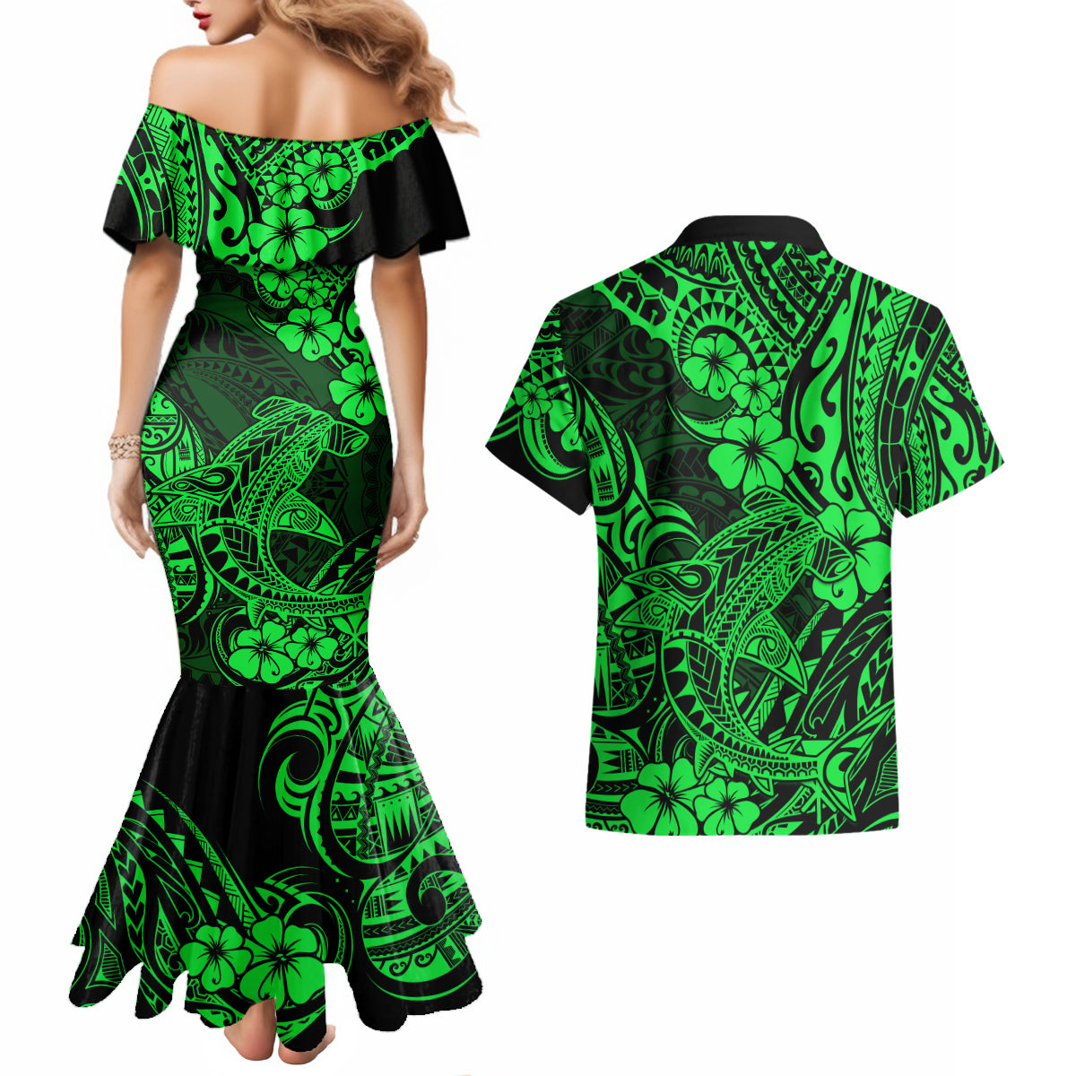 Hawaii Shark Couples Matching Mermaid Dress and Hawaiian Shirt Polynesian Pattern Green Version - Wonder Print Shop