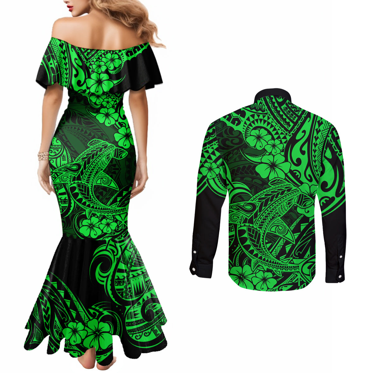 hawaii-shark-couples-matching-mermaid-dress-and-long-sleeve-button-shirts-polynesian-pattern-green-version