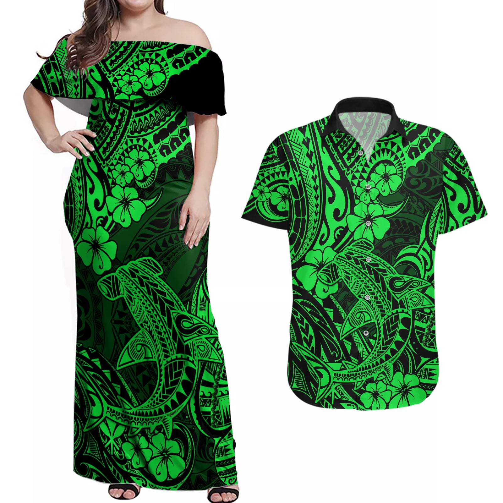 Hawaii Shark Couples Matching Off Shoulder Maxi Dress and Hawaiian Shirt Polynesian Pattern Green Version - Wonder Print Shop
