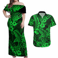 Hawaii Shark Couples Matching Off Shoulder Maxi Dress and Hawaiian Shirt Polynesian Pattern Green Version - Wonder Print Shop