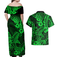 Hawaii Shark Couples Matching Off Shoulder Maxi Dress and Hawaiian Shirt Polynesian Pattern Green Version - Wonder Print Shop