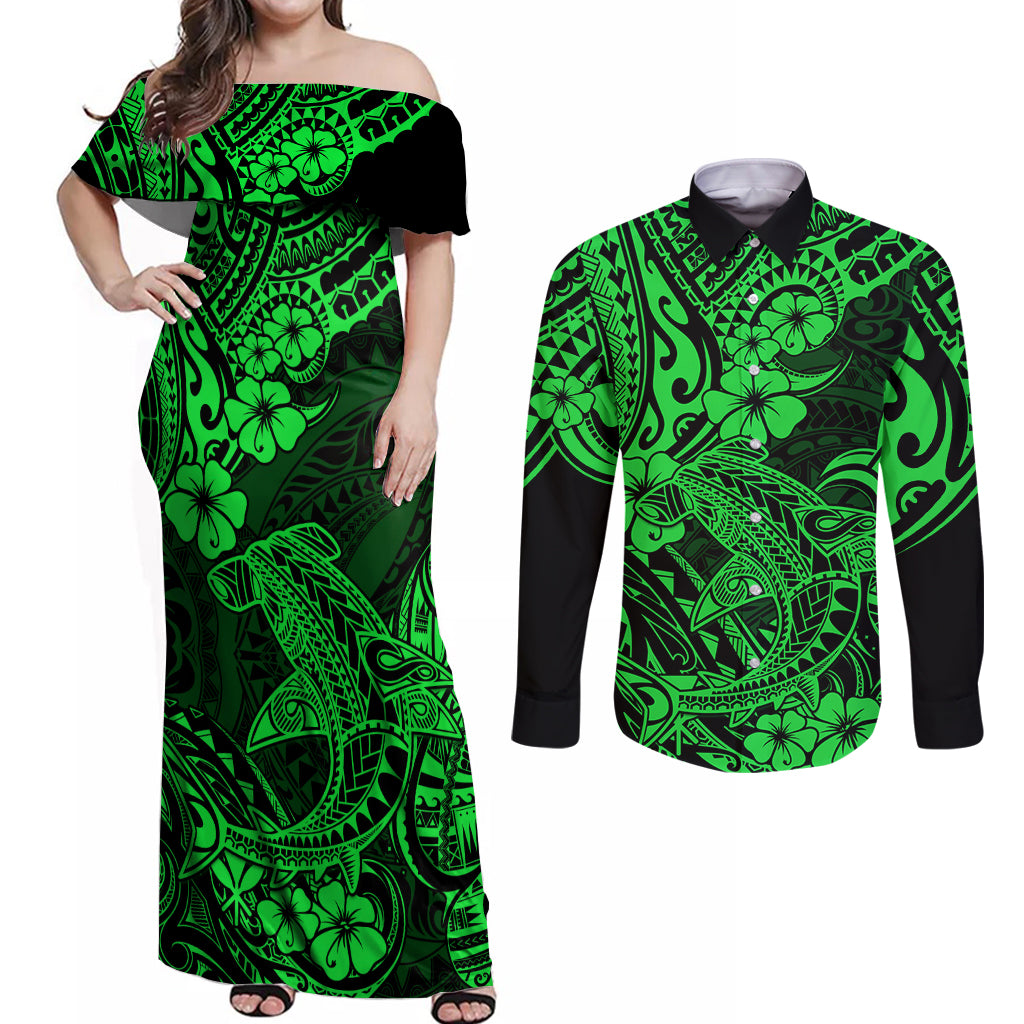 Hawaii Shark Couples Matching Off Shoulder Maxi Dress and Long Sleeve Button Shirts Polynesian Pattern Green Version - Wonder Print Shop