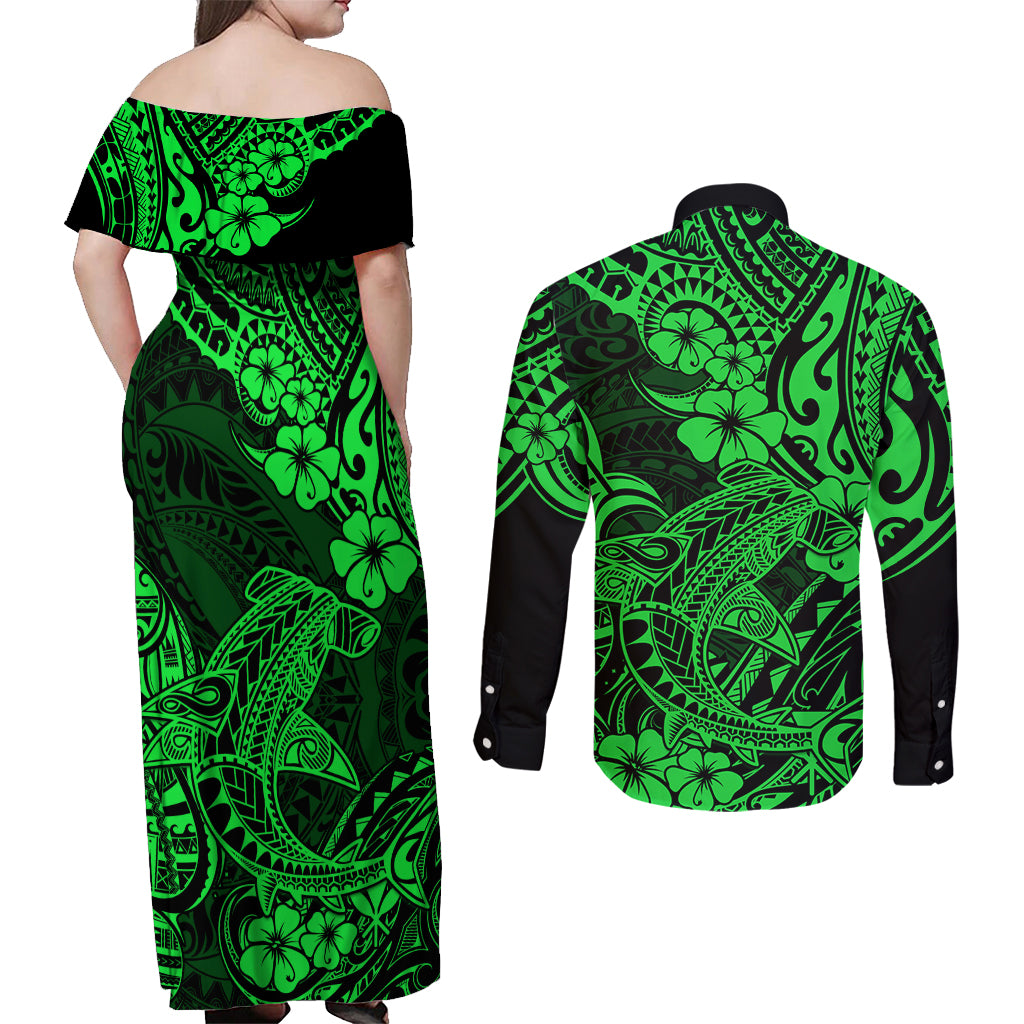 Hawaii Shark Couples Matching Off Shoulder Maxi Dress and Long Sleeve Button Shirts Polynesian Pattern Green Version - Wonder Print Shop