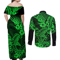 Hawaii Shark Couples Matching Off Shoulder Maxi Dress and Long Sleeve Button Shirts Polynesian Pattern Green Version - Wonder Print Shop