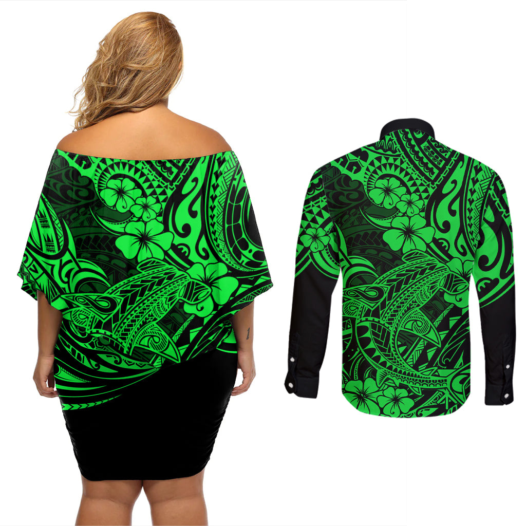 Hawaii Shark Couples Matching Off Shoulder Short Dress and Long Sleeve Button Shirts Polynesian Pattern Green Version - Wonder Print Shop