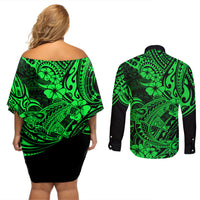 Hawaii Shark Couples Matching Off Shoulder Short Dress and Long Sleeve Button Shirts Polynesian Pattern Green Version - Wonder Print Shop