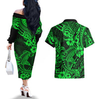 Hawaii Shark Couples Matching Off The Shoulder Long Sleeve Dress and Hawaiian Shirt Polynesian Pattern Green Version - Wonder Print Shop