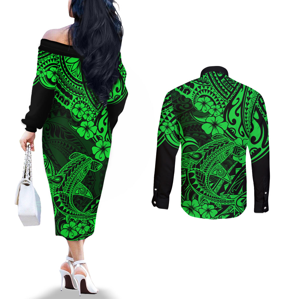 hawaii-shark-couples-matching-off-the-shoulder-long-sleeve-dress-and-long-sleeve-button-shirts-polynesian-pattern-green-version