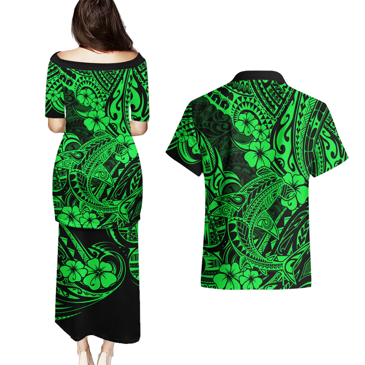 Hawaii Shark Couples Matching Puletasi Dress and Hawaiian Shirt Polynesian Pattern Green Version - Wonder Print Shop