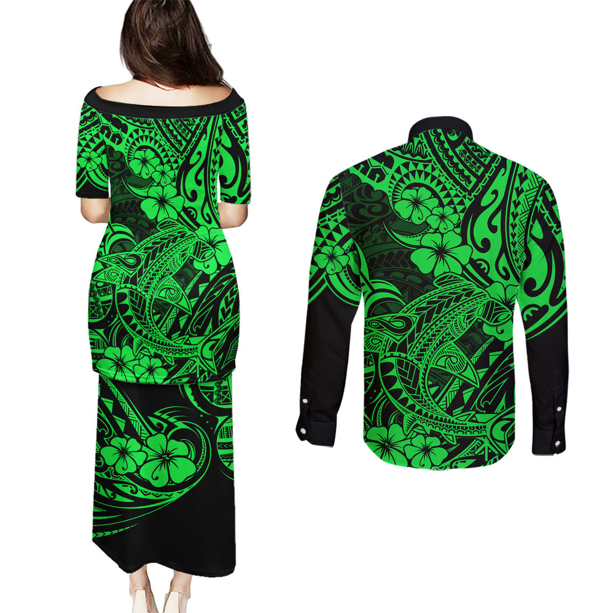 Hawaii Shark Couples Matching Puletasi Dress and Long Sleeve Button Shirts Polynesian Pattern Green Version - Wonder Print Shop