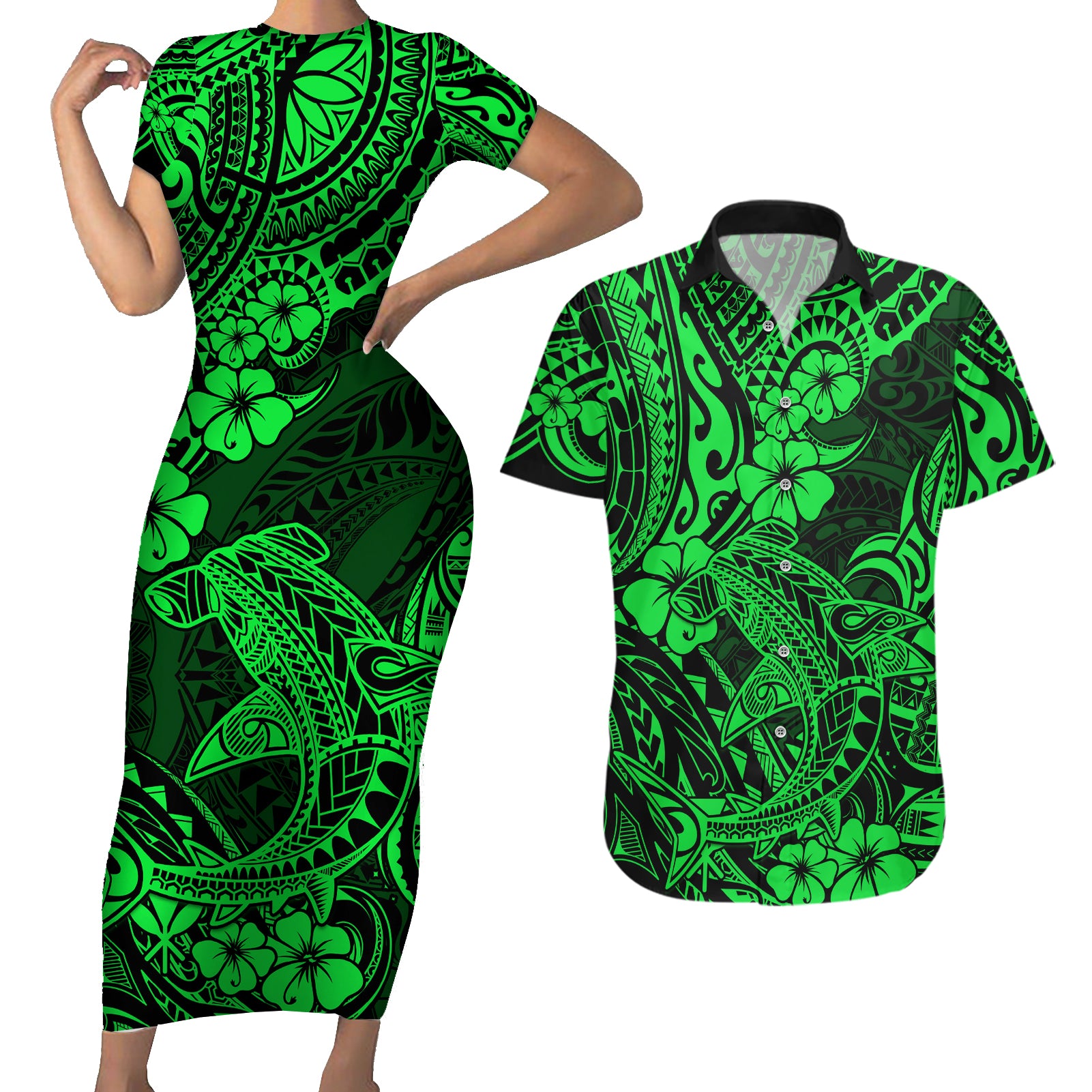 Hawaii Shark Couples Matching Short Sleeve Bodycon Dress and Hawaiian Shirt Polynesian Pattern Green Version - Wonder Print Shop