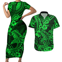 Hawaii Shark Couples Matching Short Sleeve Bodycon Dress and Hawaiian Shirt Polynesian Pattern Green Version - Wonder Print Shop