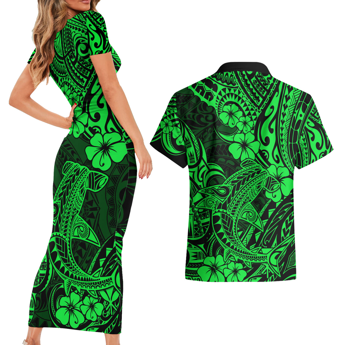 Hawaii Shark Couples Matching Short Sleeve Bodycon Dress and Hawaiian Shirt Polynesian Pattern Green Version - Wonder Print Shop