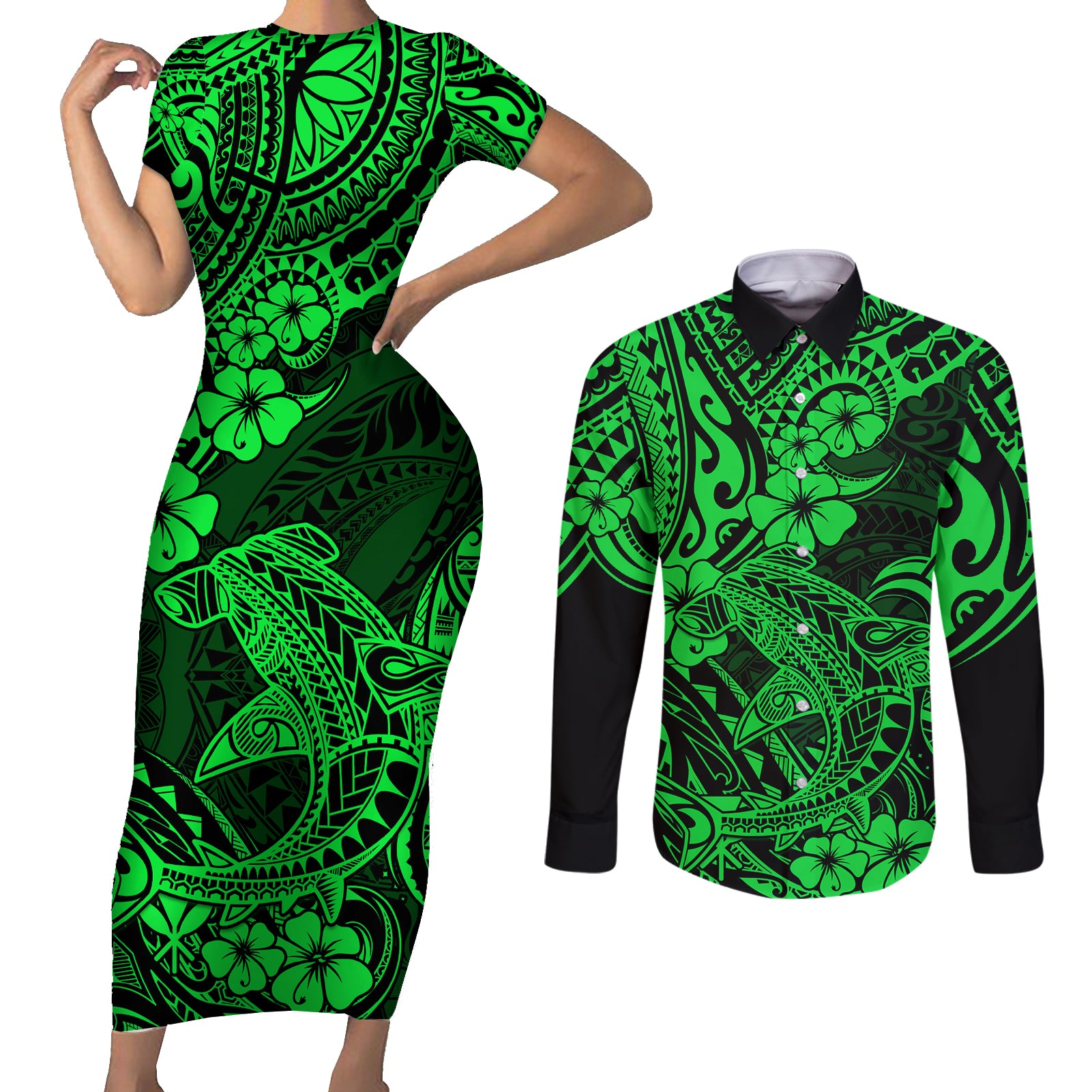 Hawaii Shark Couples Matching Short Sleeve Bodycon Dress and Long Sleeve Button Shirts Polynesian Pattern Green Version - Wonder Print Shop
