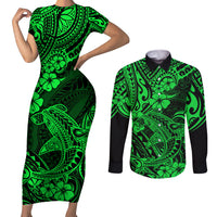 Hawaii Shark Couples Matching Short Sleeve Bodycon Dress and Long Sleeve Button Shirts Polynesian Pattern Green Version - Wonder Print Shop