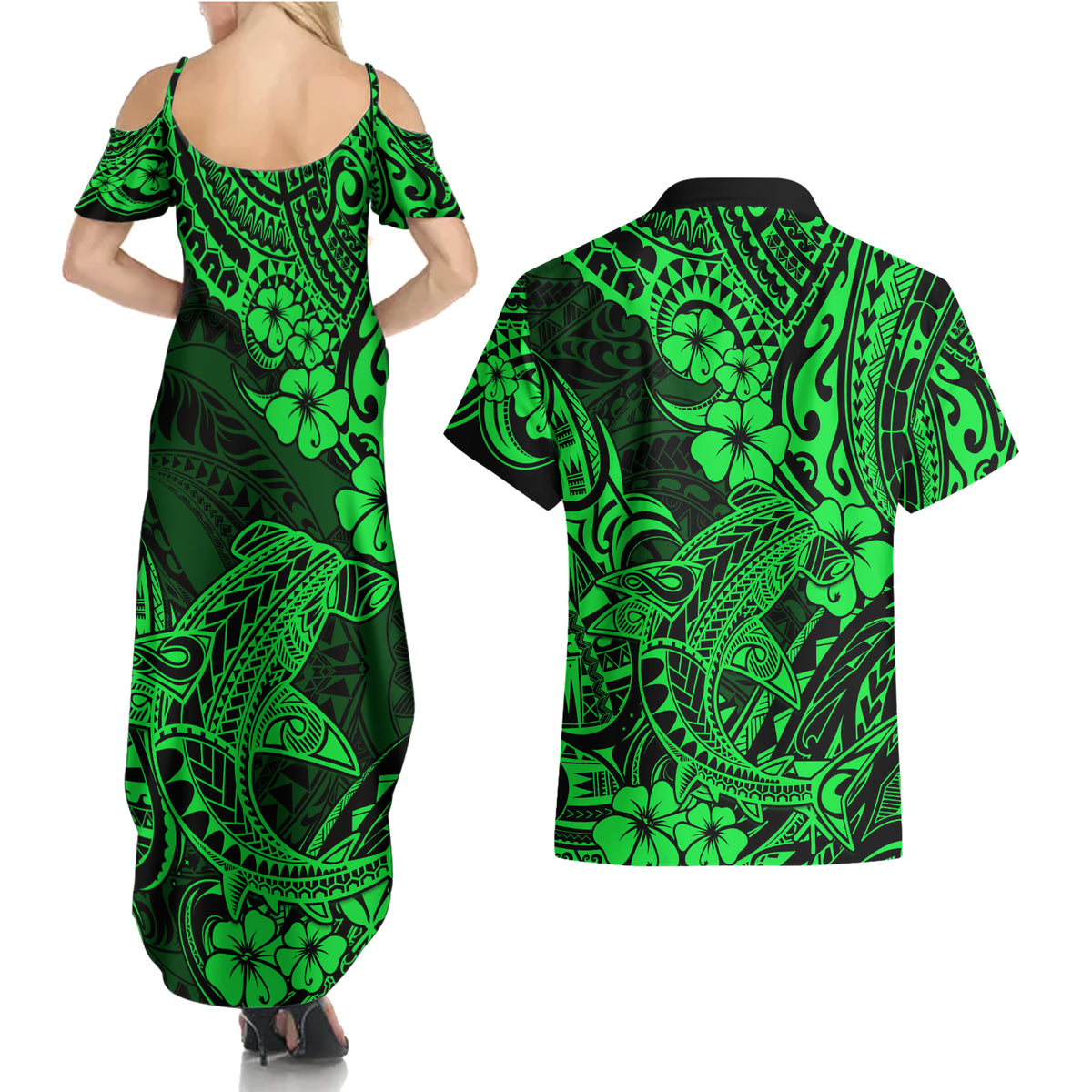 Hawaii Shark Couples Matching Summer Maxi Dress and Hawaiian Shirt Polynesian Pattern Green Version - Wonder Print Shop