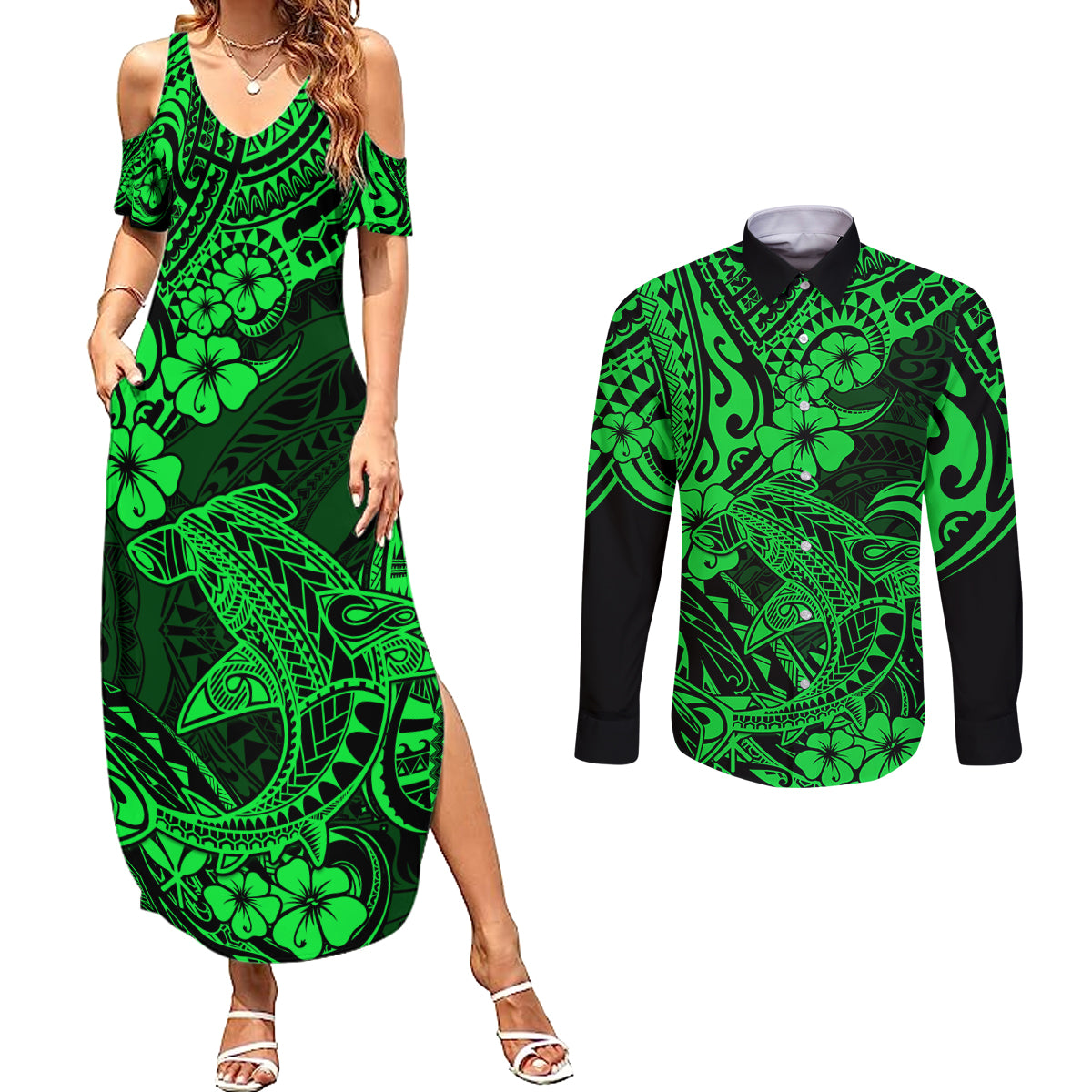 Hawaii Shark Couples Matching Summer Maxi Dress and Long Sleeve Button Shirts Polynesian Pattern Green Version - Wonder Print Shop