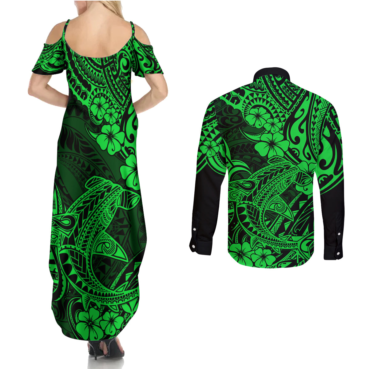 Hawaii Shark Couples Matching Summer Maxi Dress and Long Sleeve Button Shirts Polynesian Pattern Green Version - Wonder Print Shop