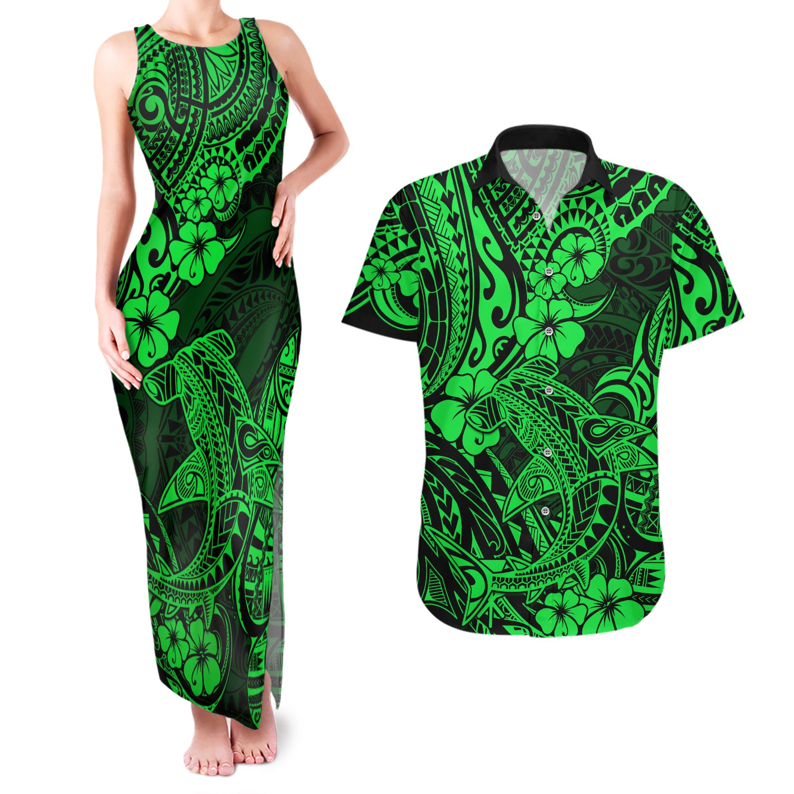 Hawaii Shark Couples Matching Tank Maxi Dress and Hawaiian Shirt Polynesian Pattern Green Version - Wonder Print Shop