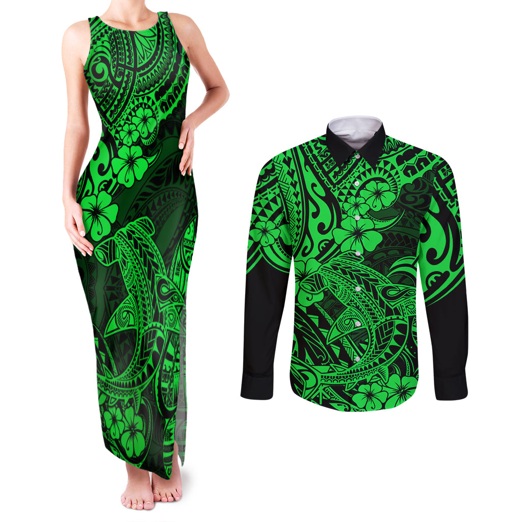 Hawaii Shark Couples Matching Tank Maxi Dress and Long Sleeve Button Shirts Polynesian Pattern Green Version - Wonder Print Shop