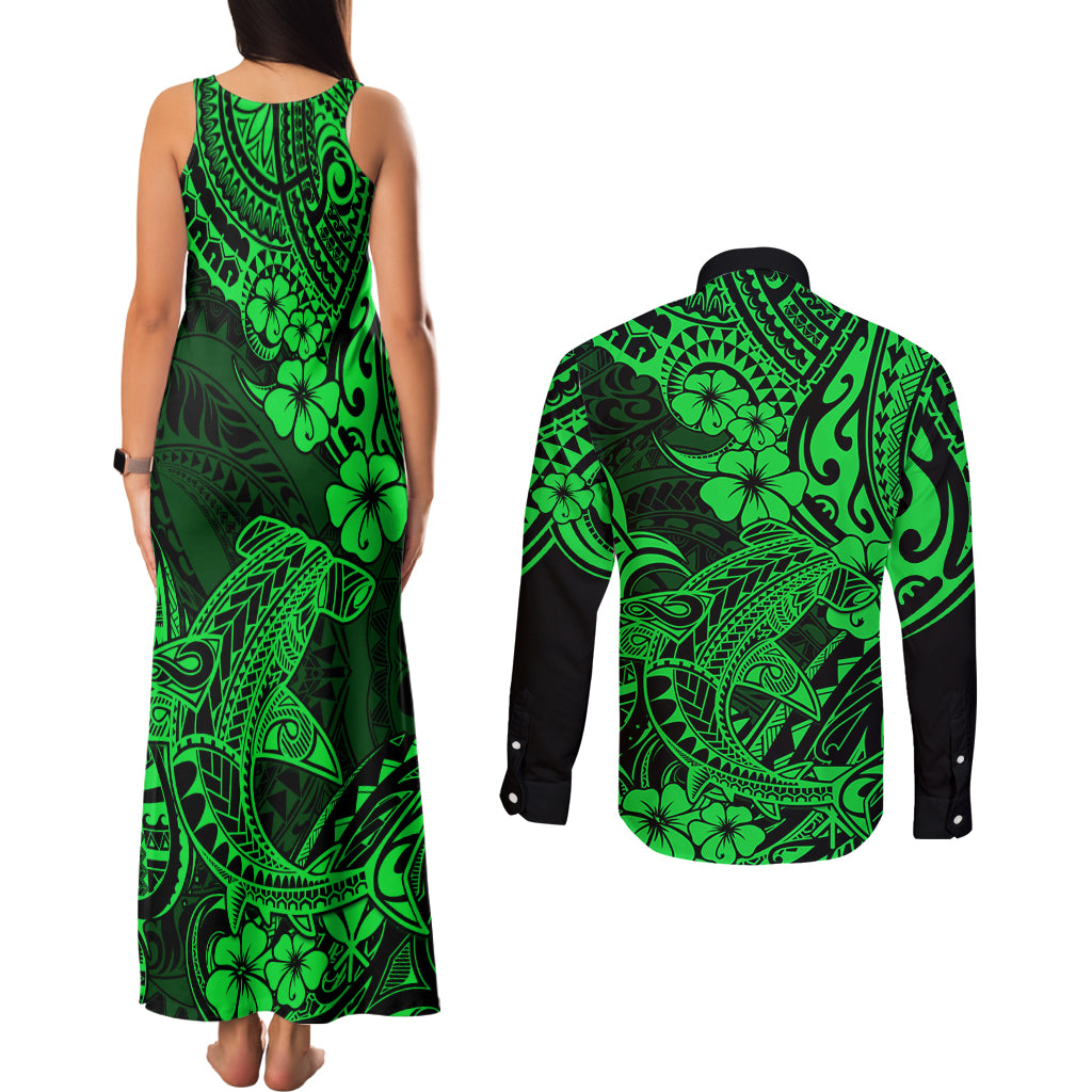 Hawaii Shark Couples Matching Tank Maxi Dress and Long Sleeve Button Shirts Polynesian Pattern Green Version - Wonder Print Shop