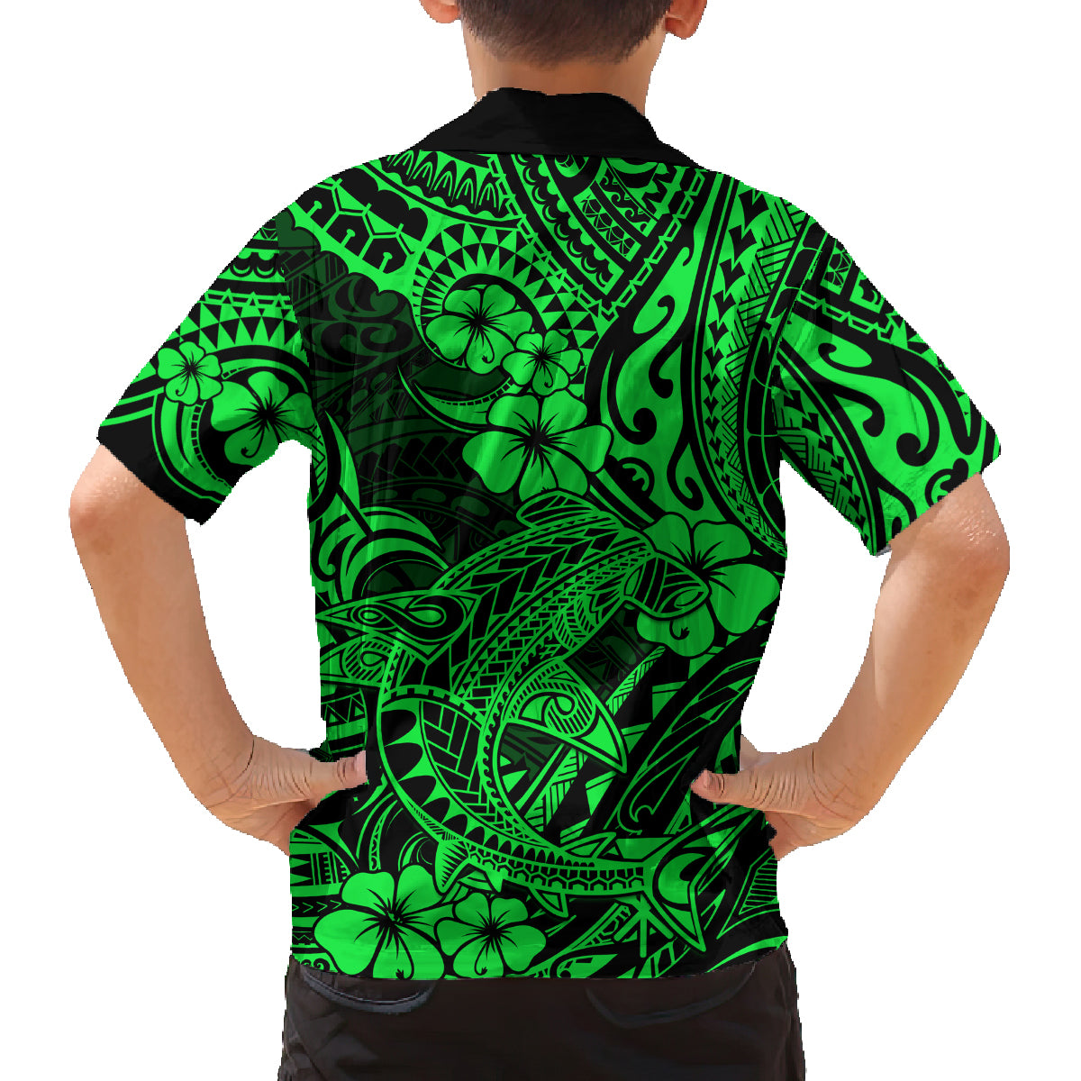Hawaii Shark Family Matching Long Sleeve Bodycon Dress and Hawaiian Shirt Polynesian Pattern Green Version - Wonder Print Shop
