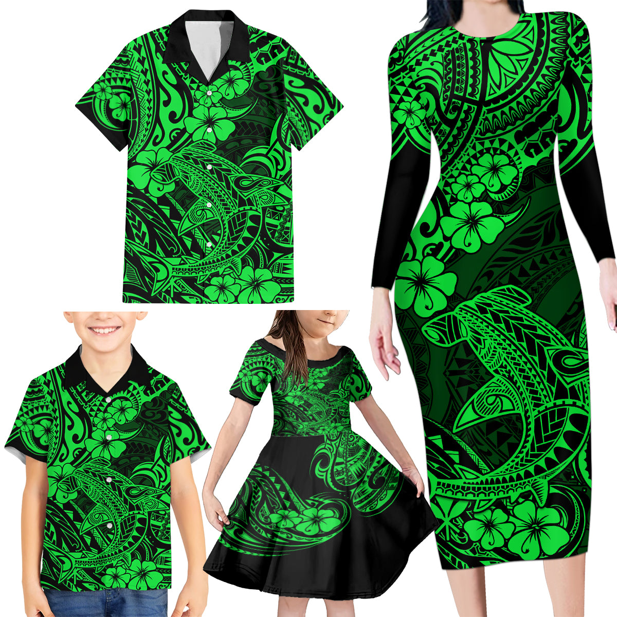 Hawaii Shark Family Matching Long Sleeve Bodycon Dress and Hawaiian Shirt Polynesian Pattern Green Version - Wonder Print Shop