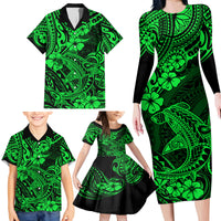 Hawaii Shark Family Matching Long Sleeve Bodycon Dress and Hawaiian Shirt Polynesian Pattern Green Version - Wonder Print Shop