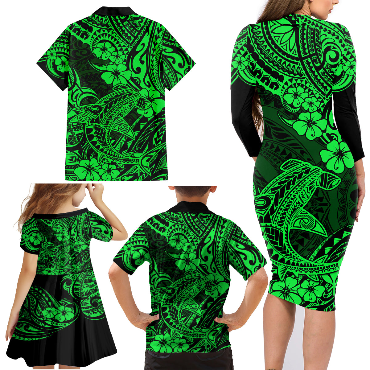 Hawaii Shark Family Matching Long Sleeve Bodycon Dress and Hawaiian Shirt Polynesian Pattern Green Version - Wonder Print Shop