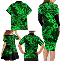 Hawaii Shark Family Matching Long Sleeve Bodycon Dress and Hawaiian Shirt Polynesian Pattern Green Version - Wonder Print Shop