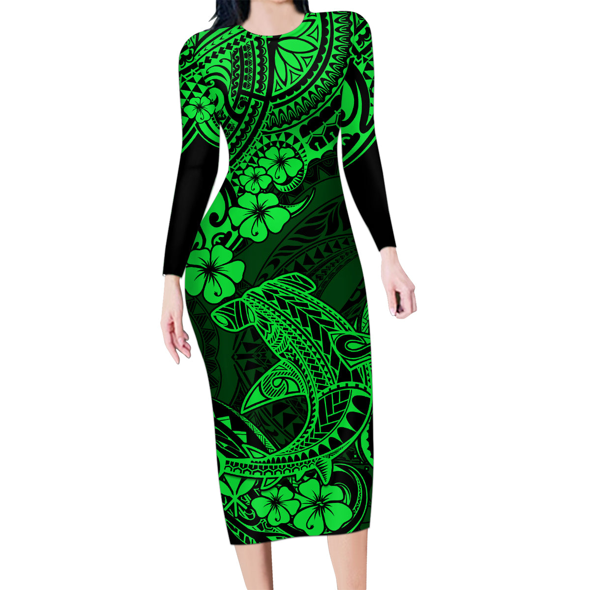 Hawaii Shark Family Matching Long Sleeve Bodycon Dress and Hawaiian Shirt Polynesian Pattern Green Version - Wonder Print Shop