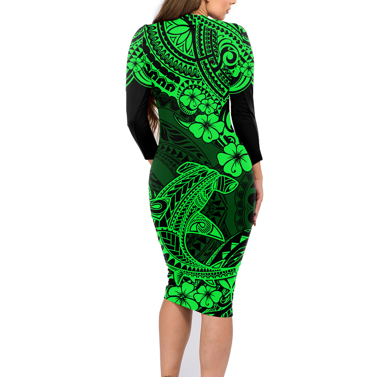 Hawaii Shark Family Matching Long Sleeve Bodycon Dress and Hawaiian Shirt Polynesian Pattern Green Version - Wonder Print Shop