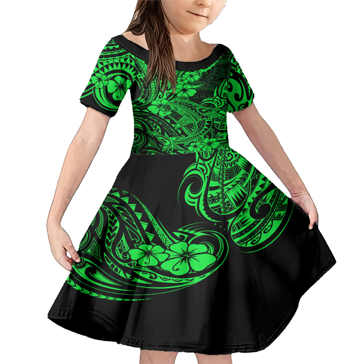 Hawaii Shark Family Matching Mermaid Dress and Hawaiian Shirt Polynesian Pattern Green Version - Wonder Print Shop