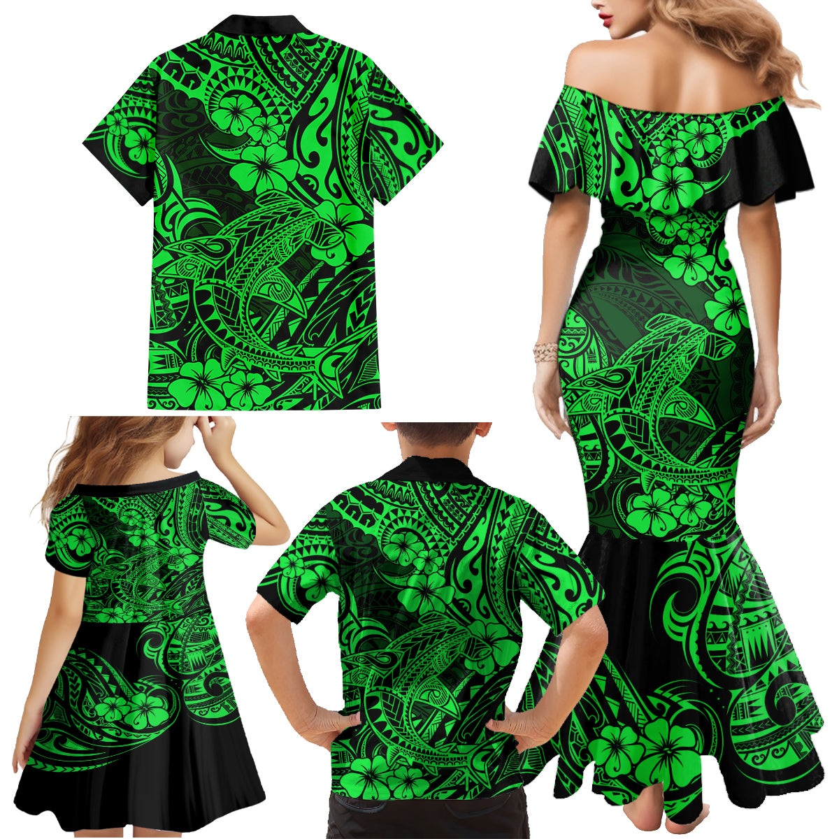 Hawaii Shark Family Matching Mermaid Dress and Hawaiian Shirt Polynesian Pattern Green Version - Wonder Print Shop