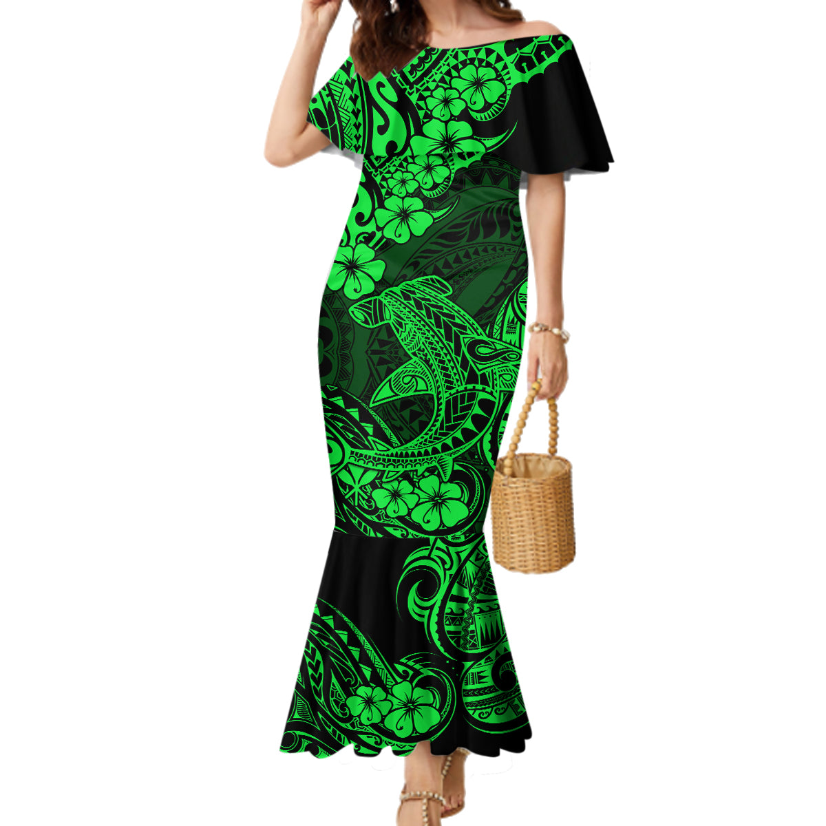 Hawaii Shark Family Matching Mermaid Dress and Hawaiian Shirt Polynesian Pattern Green Version - Wonder Print Shop