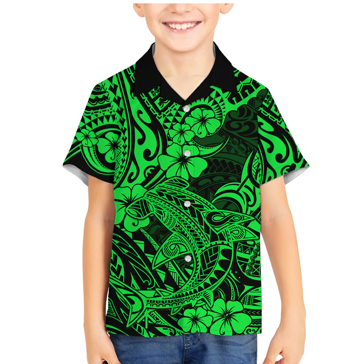 Hawaii Shark Family Matching Mermaid Dress and Hawaiian Shirt Polynesian Pattern Green Version - Wonder Print Shop