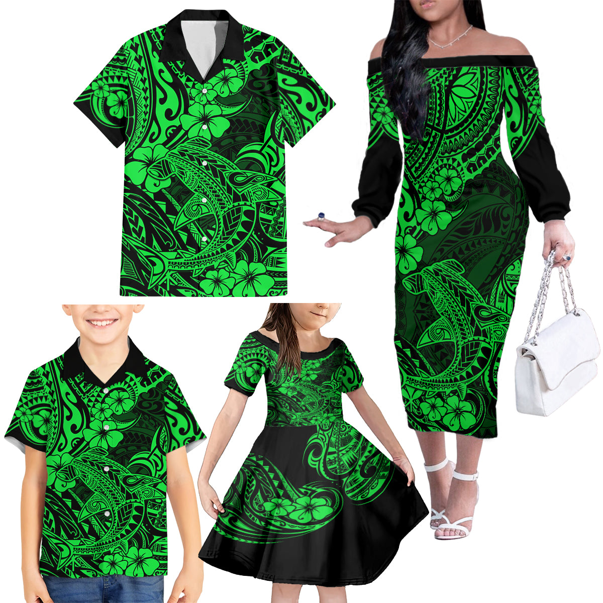 Hawaii Shark Family Matching Off Shoulder Long Sleeve Dress and Hawaiian Shirt Polynesian Pattern Green Version - Wonder Print Shop