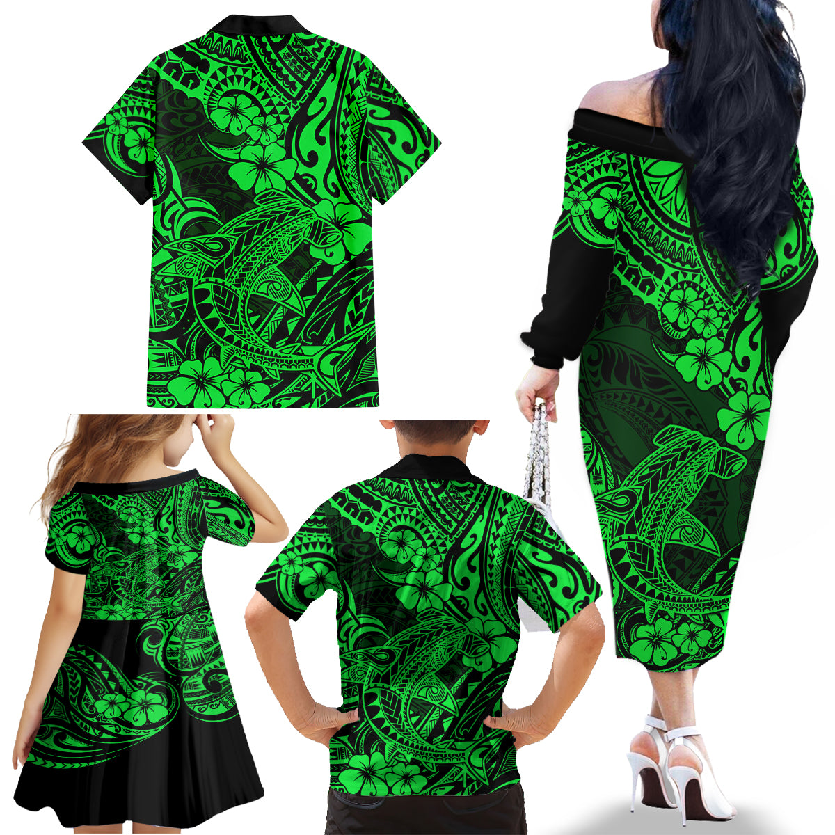 Hawaii Shark Family Matching Off Shoulder Long Sleeve Dress and Hawaiian Shirt Polynesian Pattern Green Version - Wonder Print Shop