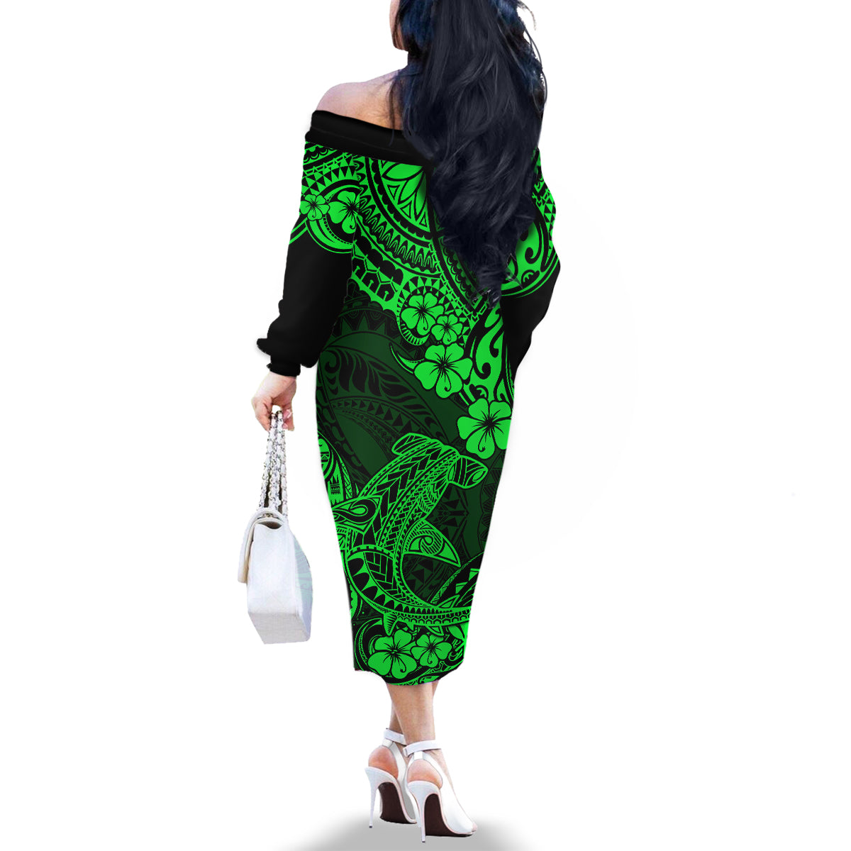 Hawaii Shark Family Matching Off Shoulder Long Sleeve Dress and Hawaiian Shirt Polynesian Pattern Green Version - Wonder Print Shop