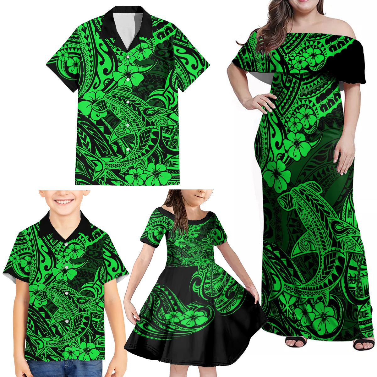 Hawaii Shark Family Matching Off Shoulder Maxi Dress and Hawaiian Shirt Polynesian Pattern Green Version - Wonder Print Shop