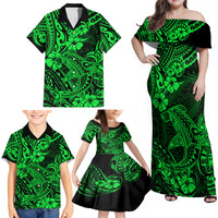 Hawaii Shark Family Matching Off Shoulder Maxi Dress and Hawaiian Shirt Polynesian Pattern Green Version - Wonder Print Shop