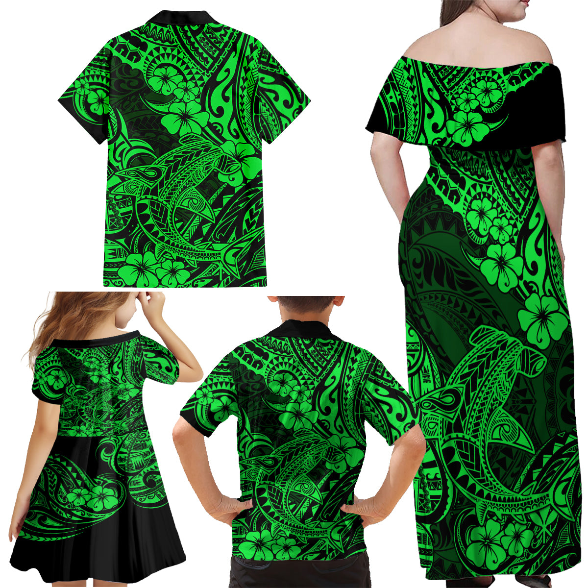 Hawaii Shark Family Matching Off Shoulder Maxi Dress and Hawaiian Shirt Polynesian Pattern Green Version - Wonder Print Shop