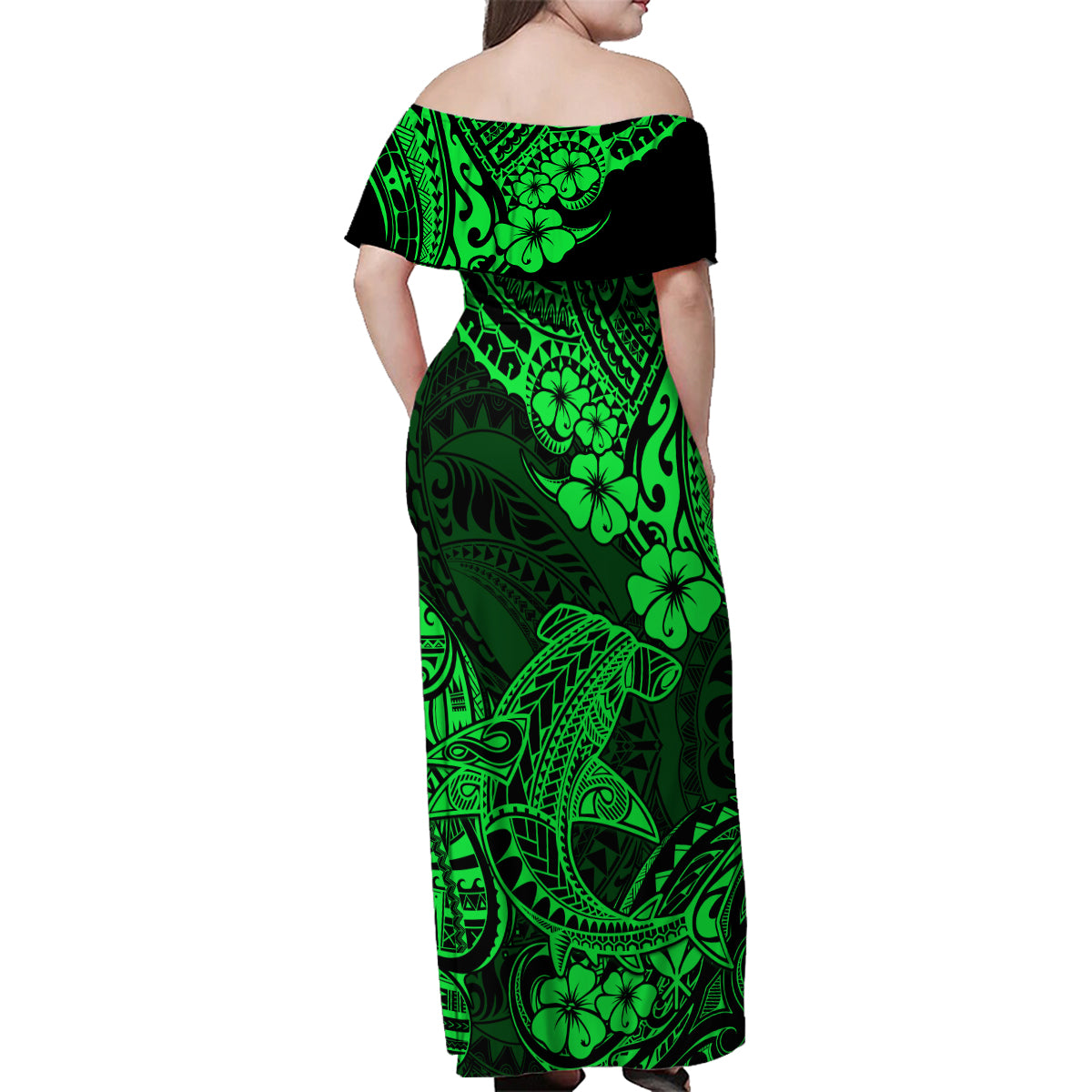 Hawaii Shark Family Matching Off Shoulder Maxi Dress and Hawaiian Shirt Polynesian Pattern Green Version - Wonder Print Shop