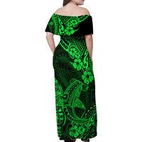 Hawaii Shark Family Matching Off Shoulder Maxi Dress and Hawaiian Shirt Polynesian Pattern Green Version - Wonder Print Shop