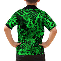 Hawaii Shark Family Matching Off Shoulder Short Dress and Hawaiian Shirt Polynesian Pattern Green Version - Wonder Print Shop