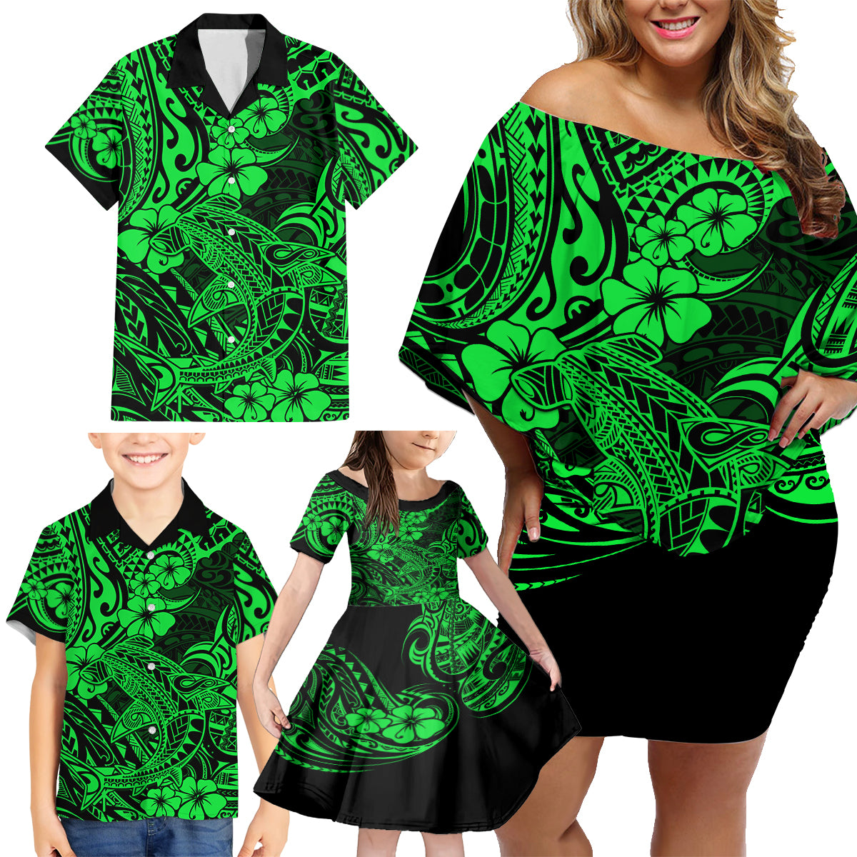 Hawaii Shark Family Matching Off Shoulder Short Dress and Hawaiian Shirt Polynesian Pattern Green Version - Wonder Print Shop