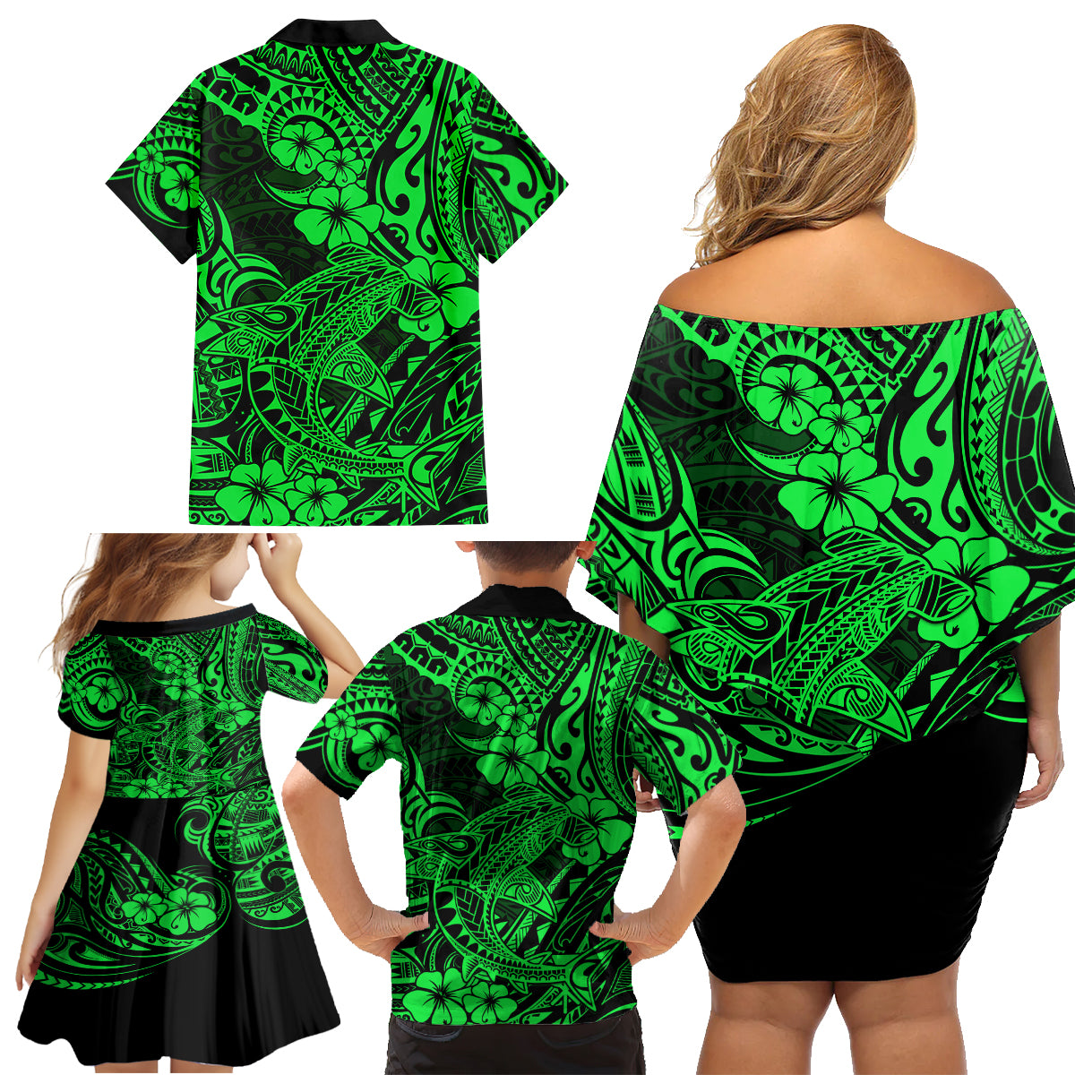 Hawaii Shark Family Matching Off Shoulder Short Dress and Hawaiian Shirt Polynesian Pattern Green Version - Wonder Print Shop