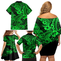 Hawaii Shark Family Matching Off Shoulder Short Dress and Hawaiian Shirt Polynesian Pattern Green Version - Wonder Print Shop