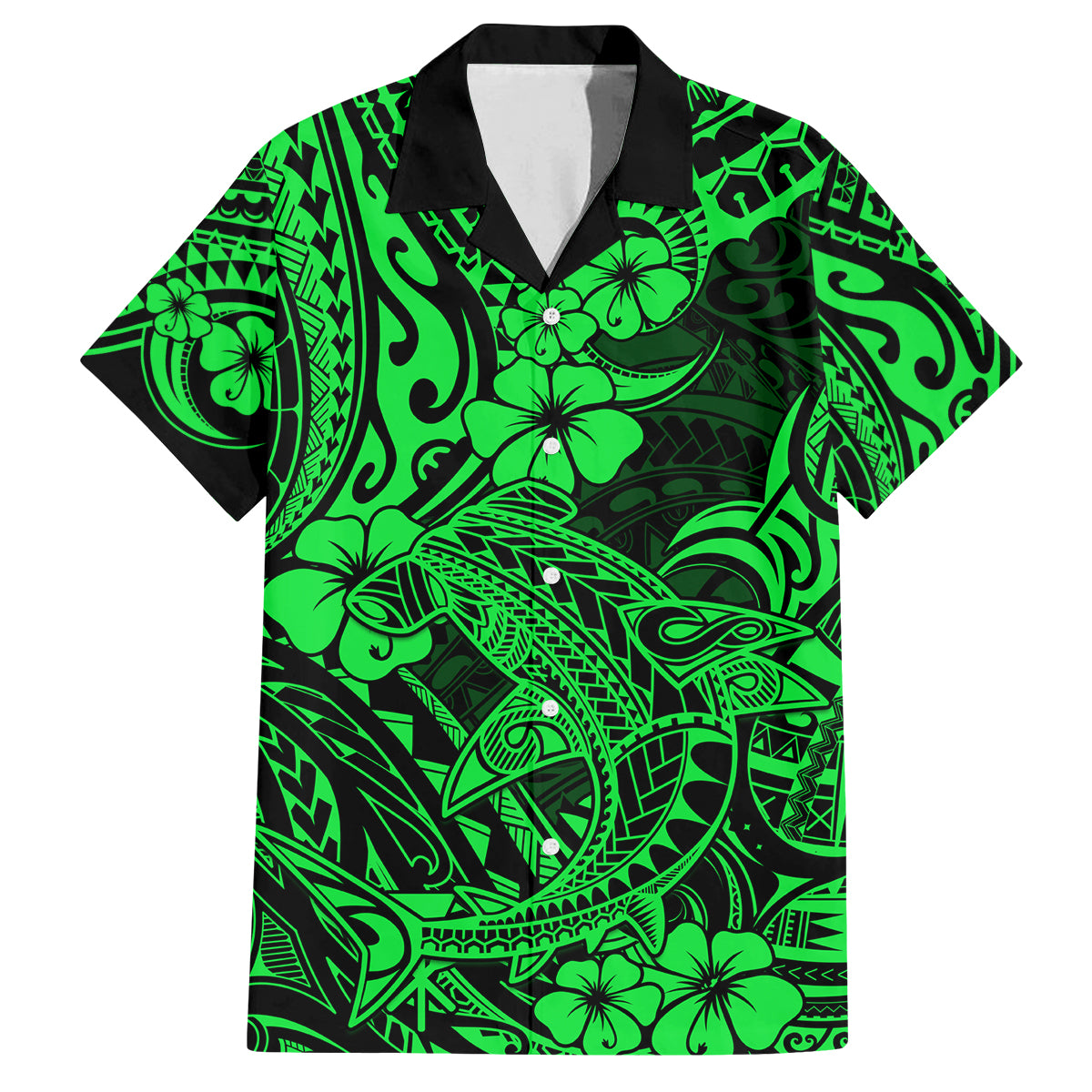 Hawaii Shark Family Matching Off Shoulder Short Dress and Hawaiian Shirt Polynesian Pattern Green Version - Wonder Print Shop